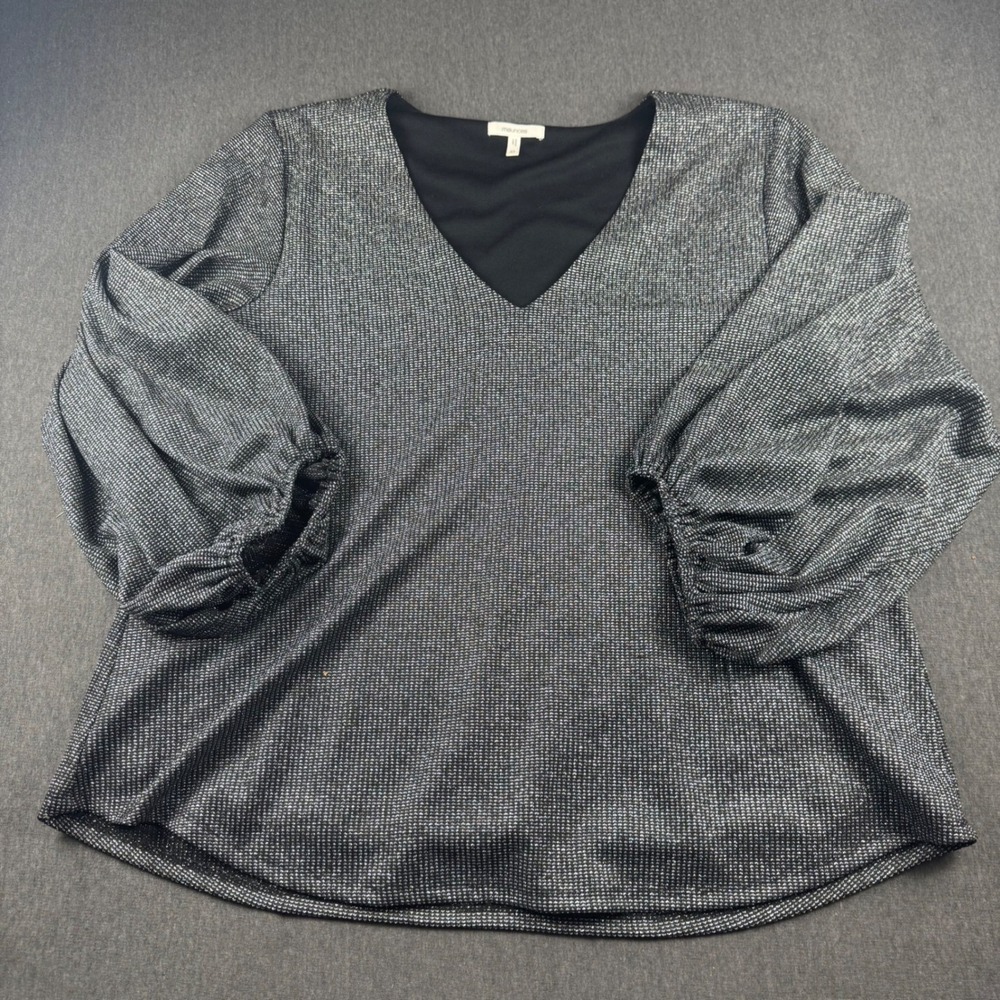 Maurices Womens XL Silver Metallic V-Neck Puff Sleeve Blouse Shimmer Party Top